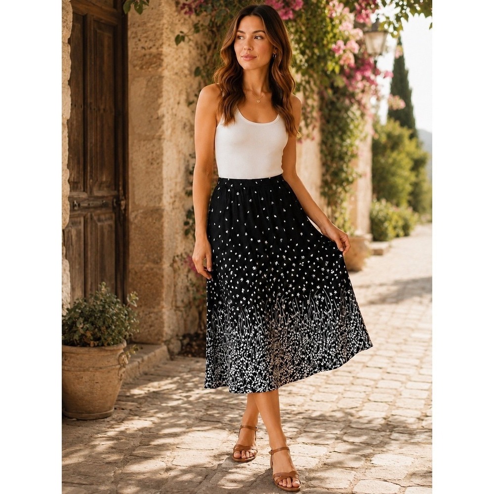 Cathy Daniels Black White Floral Midi Skirt XL Crinkle Viscose Boho Cottage